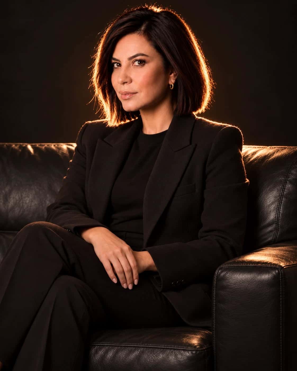 Simone Tatiana da Silva, advogada, de blazer preto, sentada em um sofá de couro